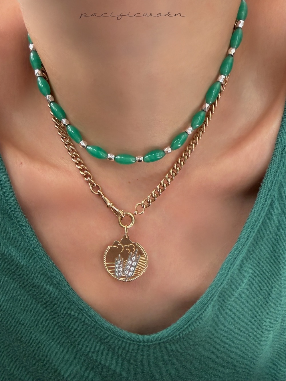 Vtg Sterling Silver Green Art Glass Bead Necklace 15" - Picture 1 of 10